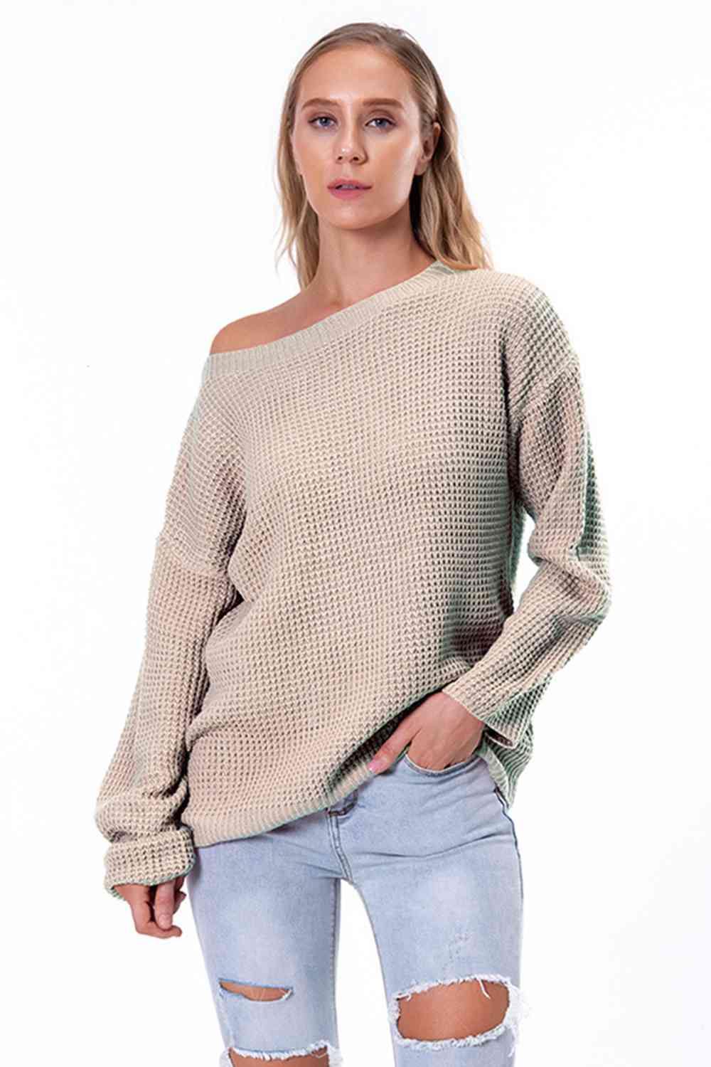 Boat Neck Drop Shoulder Long Sleeve Sweater - Trendsi