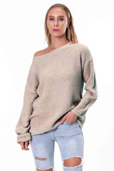 Boat Neck Drop Shoulder Long Sleeve Sweater - Trendsi