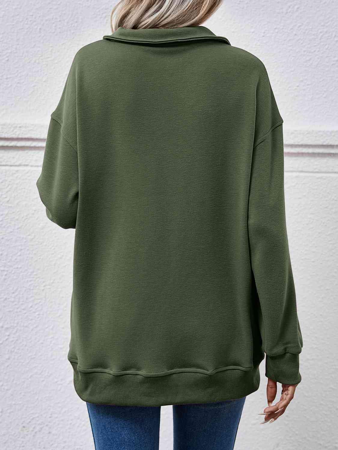 Collared Neck Dropped Shoulder Sweatshirt - Trendsi