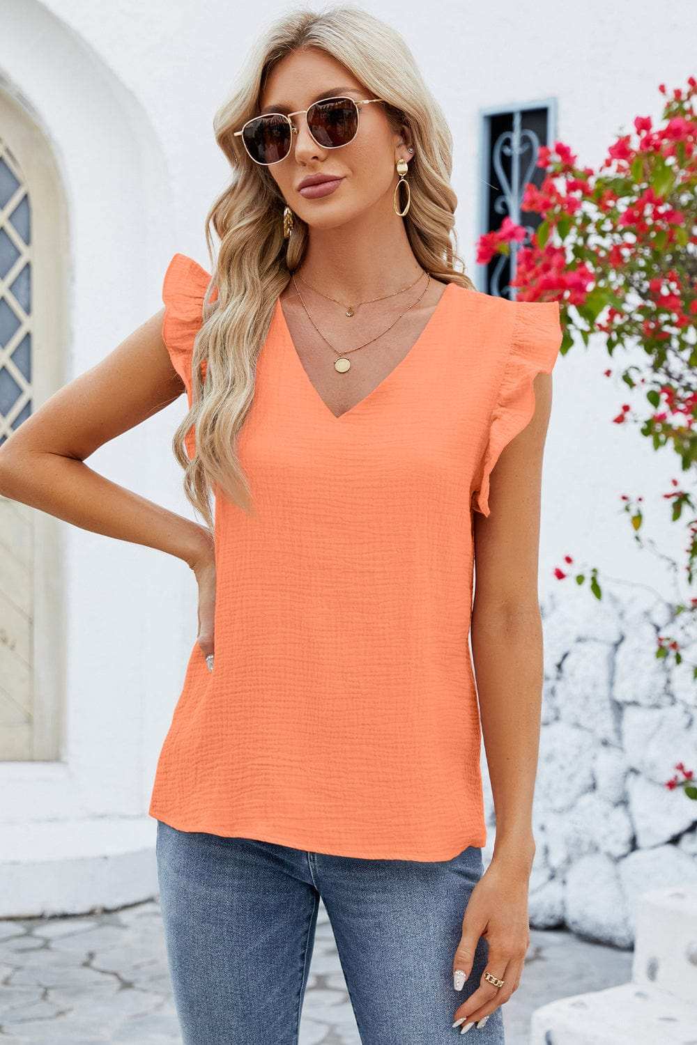 Ruffled V-Neck Cap Sleeve Blouse - Trendsi - Flyclothing LLC