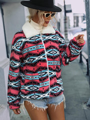 Geometric Zip-Up Collared Jacket - Trendsi
