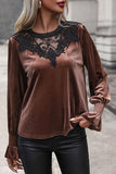 Lace Detail Round Neck Smocked Flounce Sleeve Blouse - Trendsi
