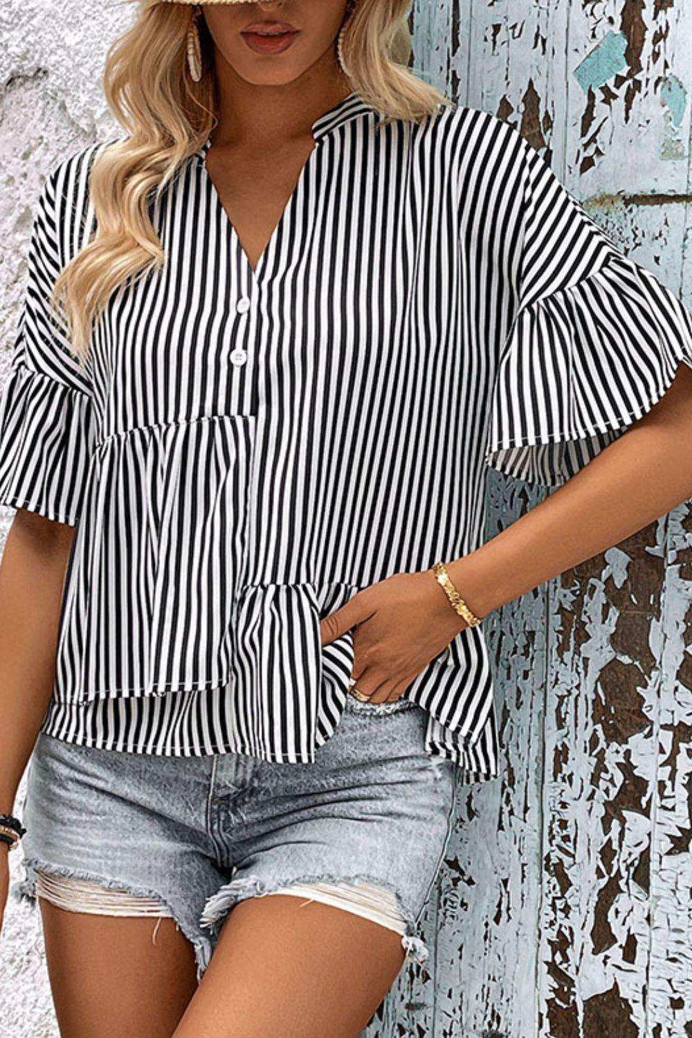 Striped Asymmetrical Flounce Sleeve Blouse - Trendsi - Flyclothing LLC