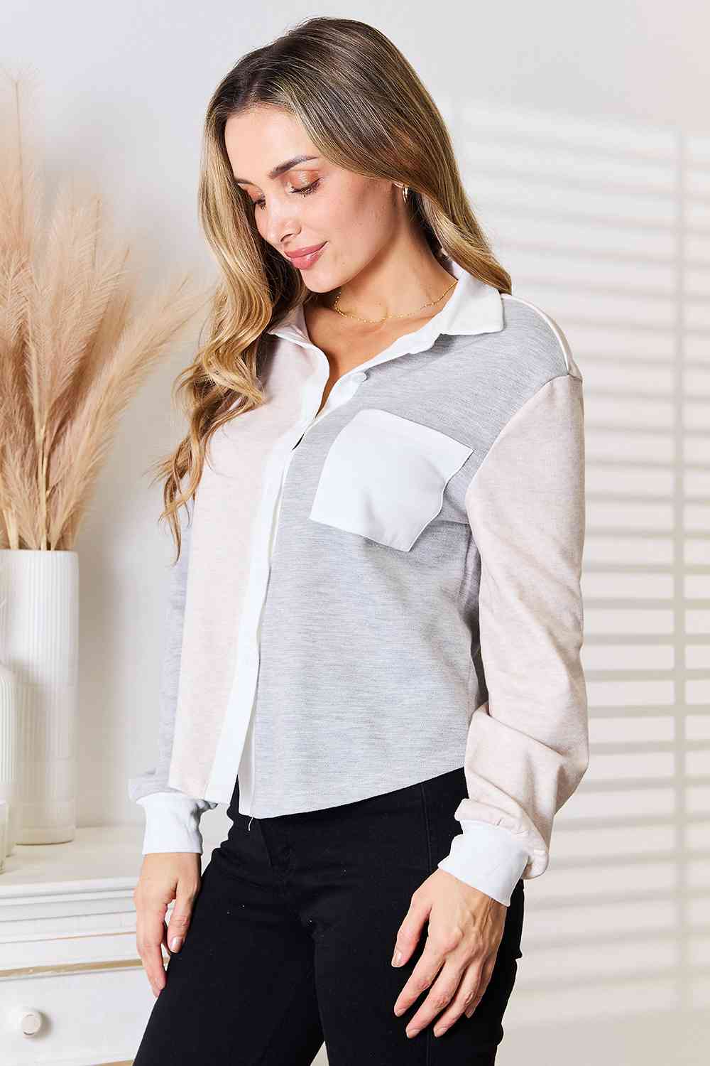 Double Take Color Block Curved Hem Shirt - Trendsi - Flyclothing LLC