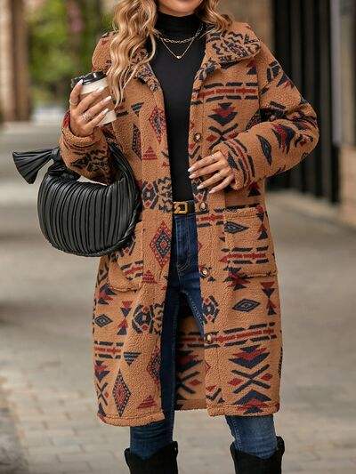 Geometric Pocketed Dropped Shoulder Coat - Trendsi - Flyclothing LLC