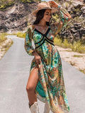 Printed V-Neck Long Sleeve Dress - Trendsi