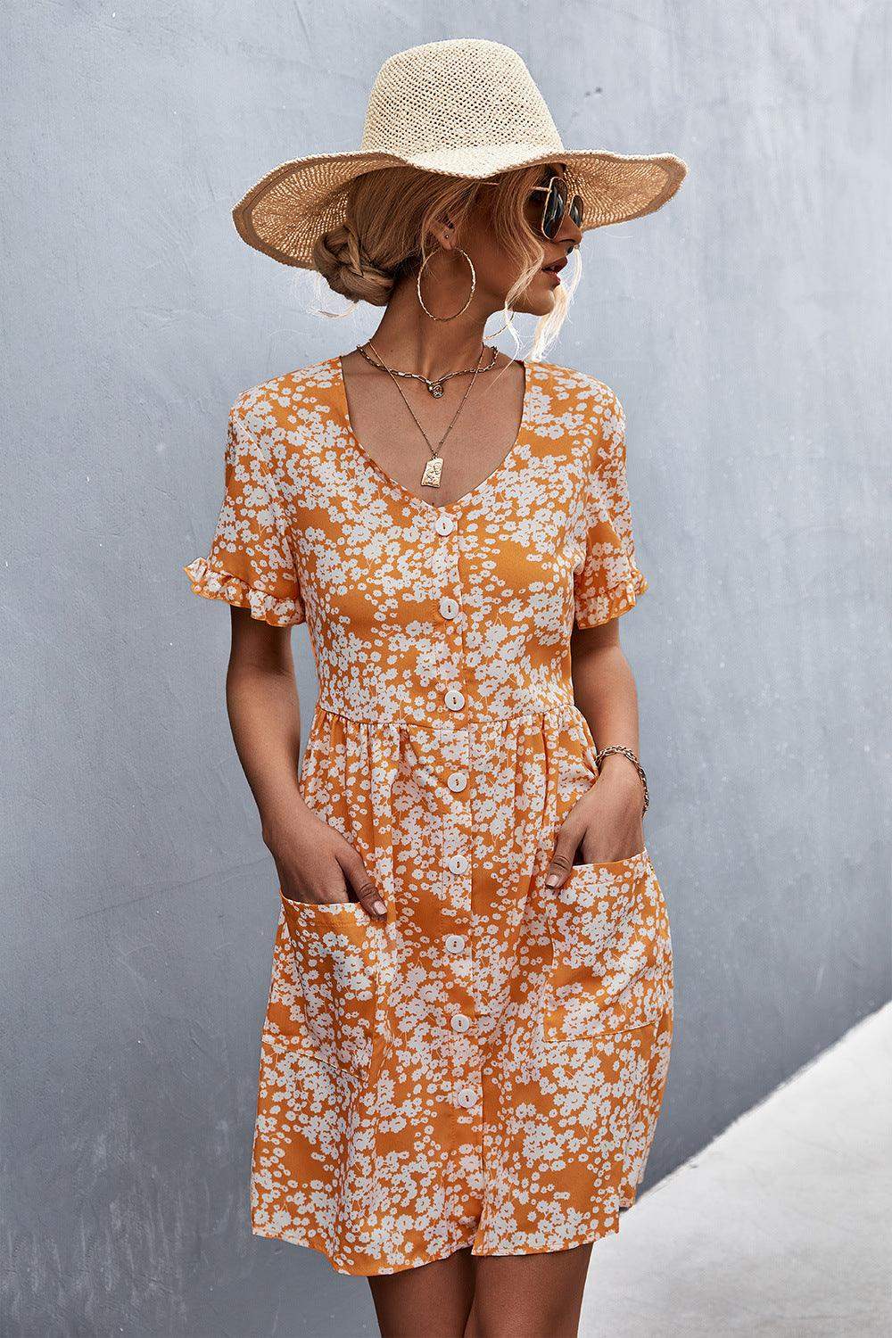 Printed Button down Pocketed Dress - Trendsi - Flyclothing LLC