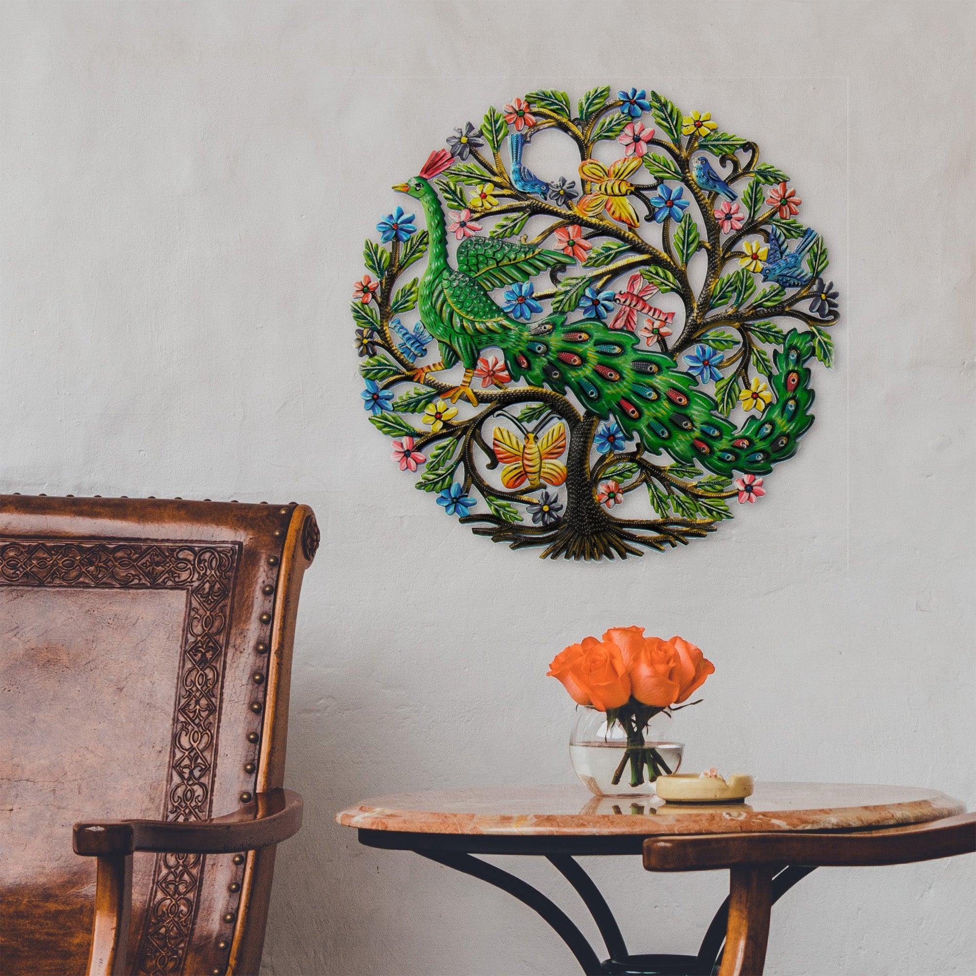 Peacock in Tree Haitian Metal Drum Wall Art - Flyclothing LLC