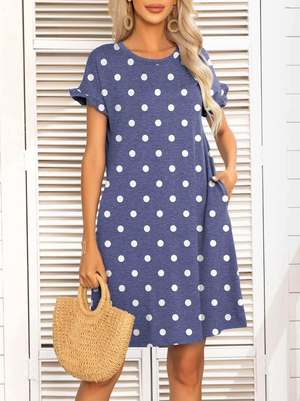Round Neck Flounce Sleeve Dress with Pockets - Trendsi - Flyclothing LLC