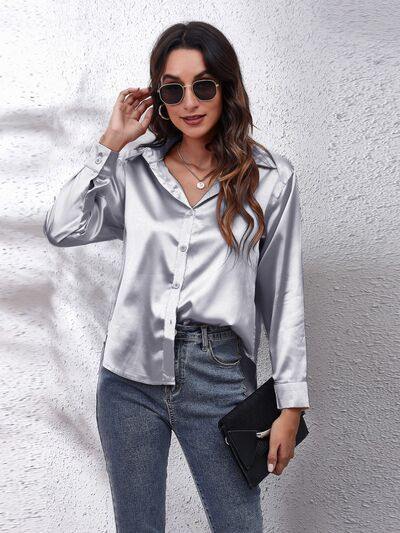 Button Up Collared Neck Long Sleeve Shirt - Trendsi