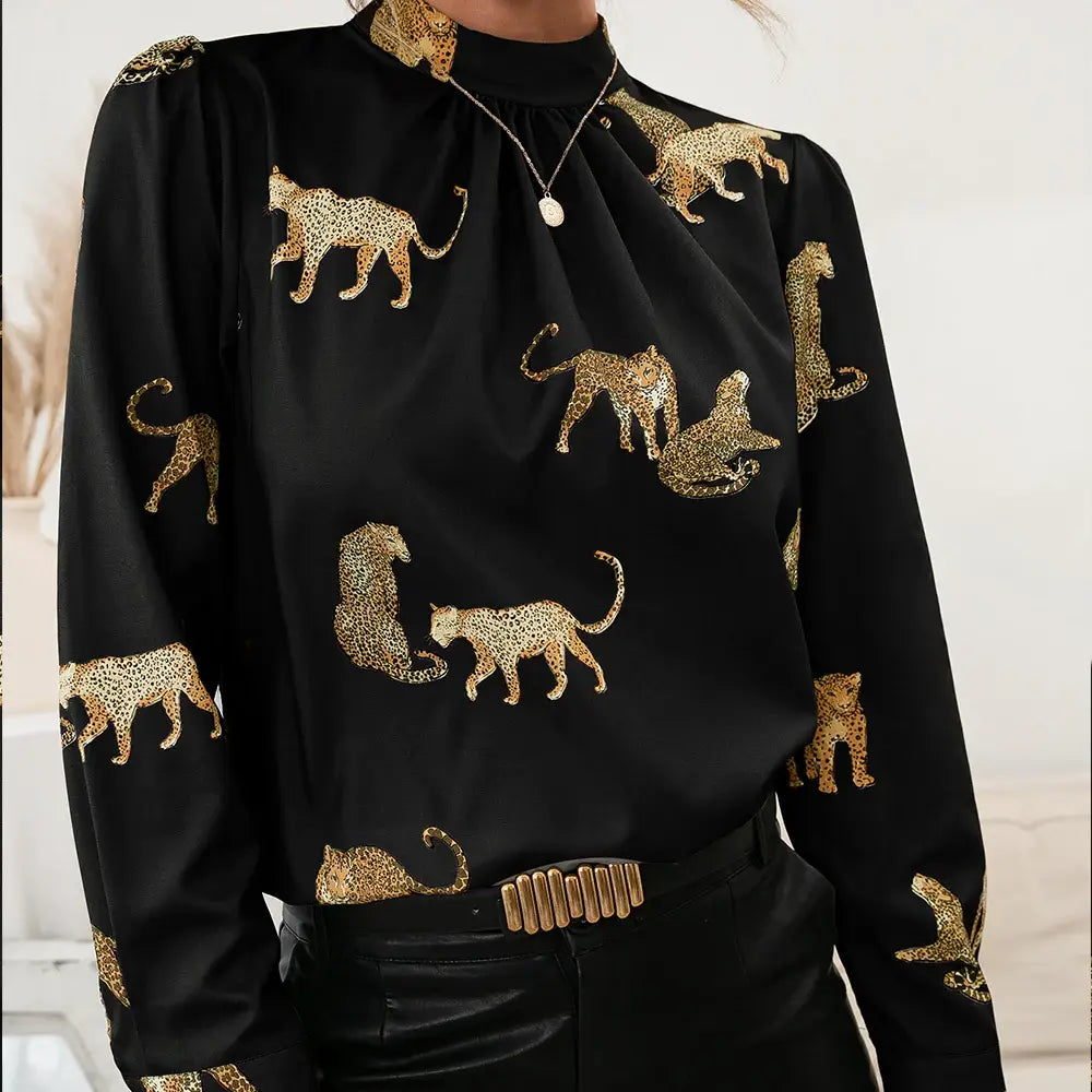 Leopard Graphic Mock Neck Puff Sleeve Blouse - Trendsi - Flyclothing LLC