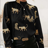 Leopard Graphic Mock Neck Puff Sleeve Blouse - Trendsi - Flyclothing LLC