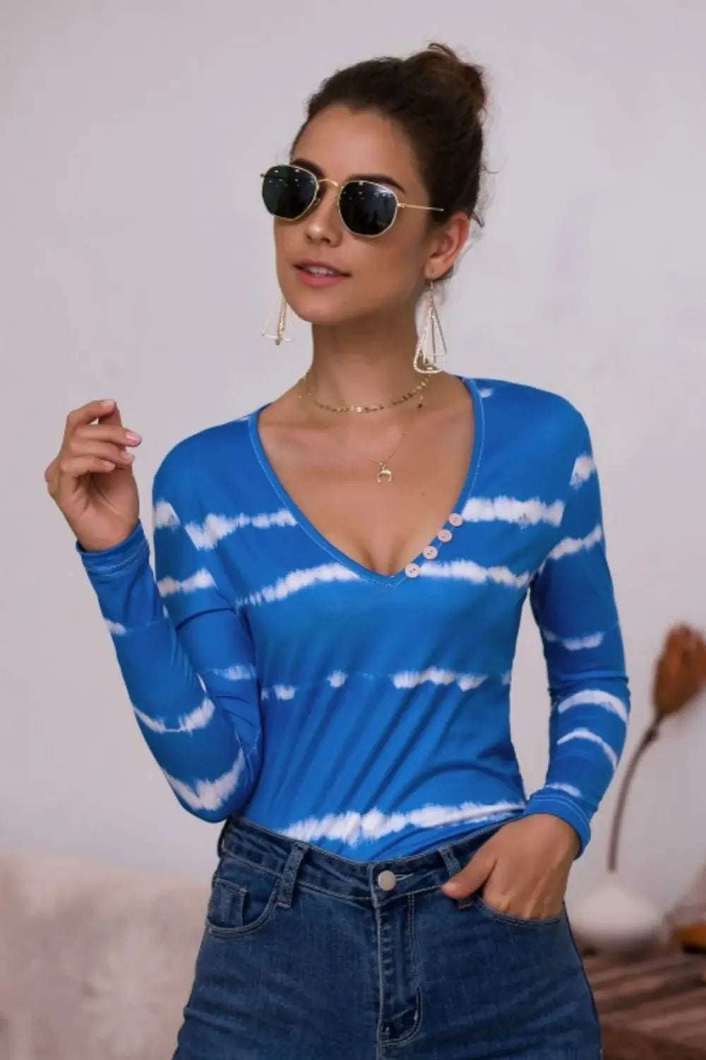 Tie-Dye Plunge Long Sleeve Top - Trendsi - Flyclothing LLC