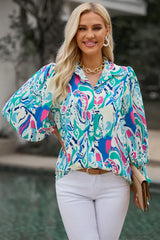 Printed Puff Sleeve Collared Blouse - Trendsi - Flyclothing LLC