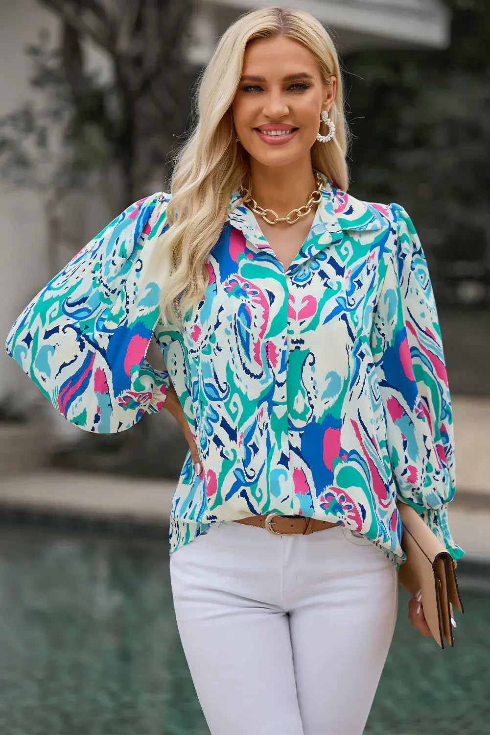 Printed Puff Sleeve Collared Blouse - Trendsi - Flyclothing LLC