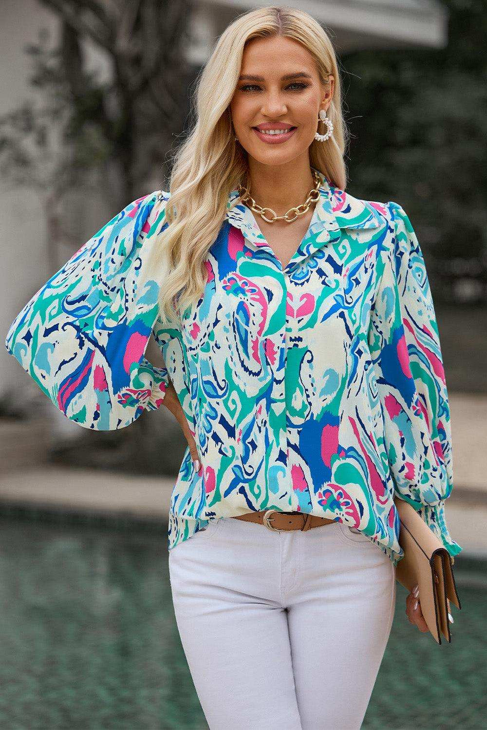 Printed Puff Sleeve Collared Blouse - Trendsi - Flyclothing LLC