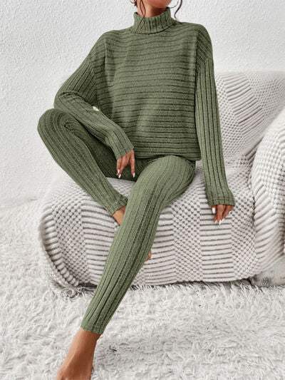 Ribbed Turtleneck Top and Pants Set - Trendsi - Flyclothing LLC