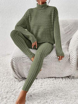 Ribbed Turtleneck Top and Pants Set - Trendsi - Flyclothing LLC