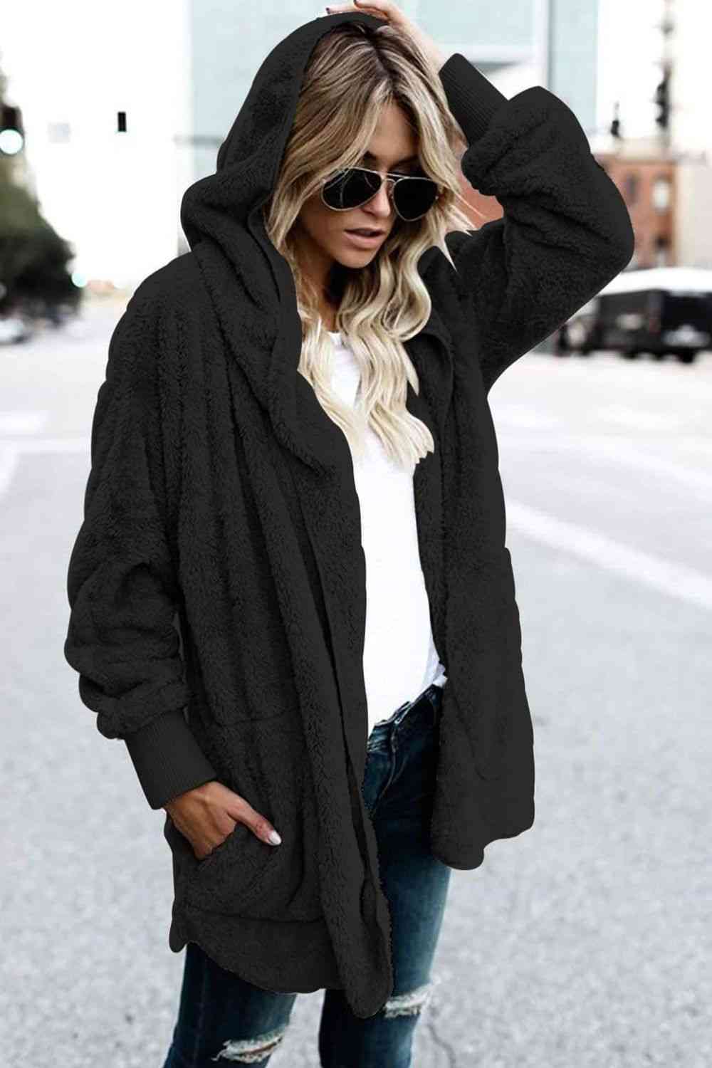 Teddy Hooded Jacket with Pockets - Trendsi - Flyclothing LLC