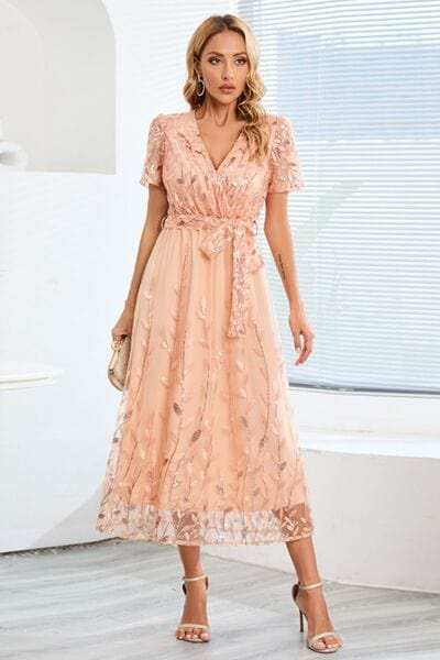 Sequin Leaf Embroidery Tie Front Short Sleeve Dress - Trendsi - Flyclothing LLC
