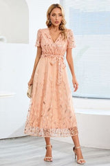 Sequin Leaf Embroidery Tie Front Short Sleeve Dress - Trendsi