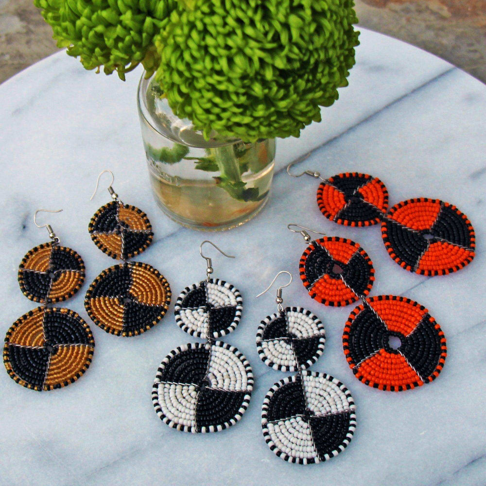 Maasai Bead Double Circle Dangle Earrings, Mango Orange and Black - Jedando - Flyclothing LLC