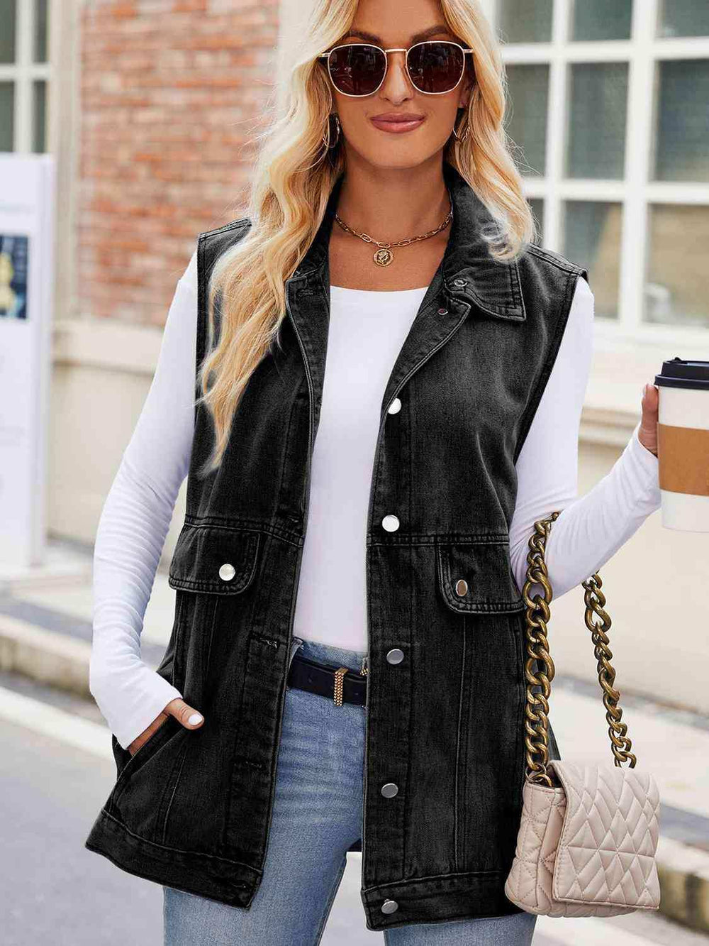 Button Up Collared Neck Denim Jacket with Pockets - Trendsi - Flyclothing LLC