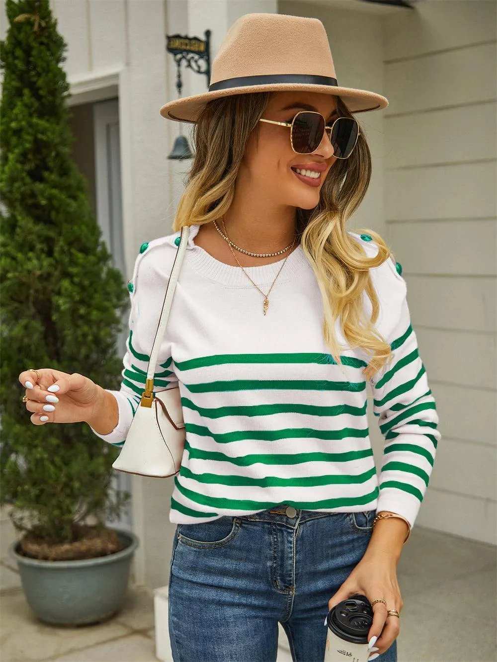 Round Neck Shoulder Button Striped Pullover Sweater - Trendsi - Flyclothing LLC