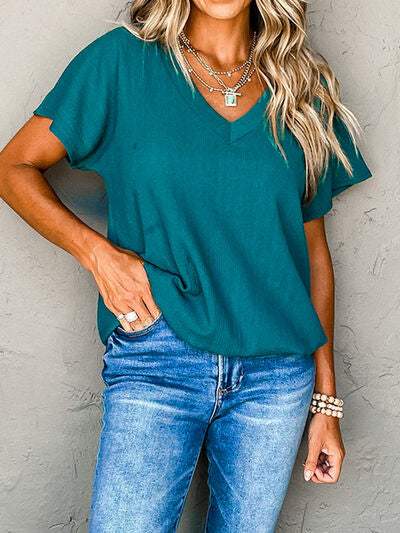 Textured V-Neck Short Sleeve T-Shirt - Trendsi - Flyclothing LLC