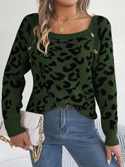 Leopard Buttoned Square Neck Sweater - Trendsi