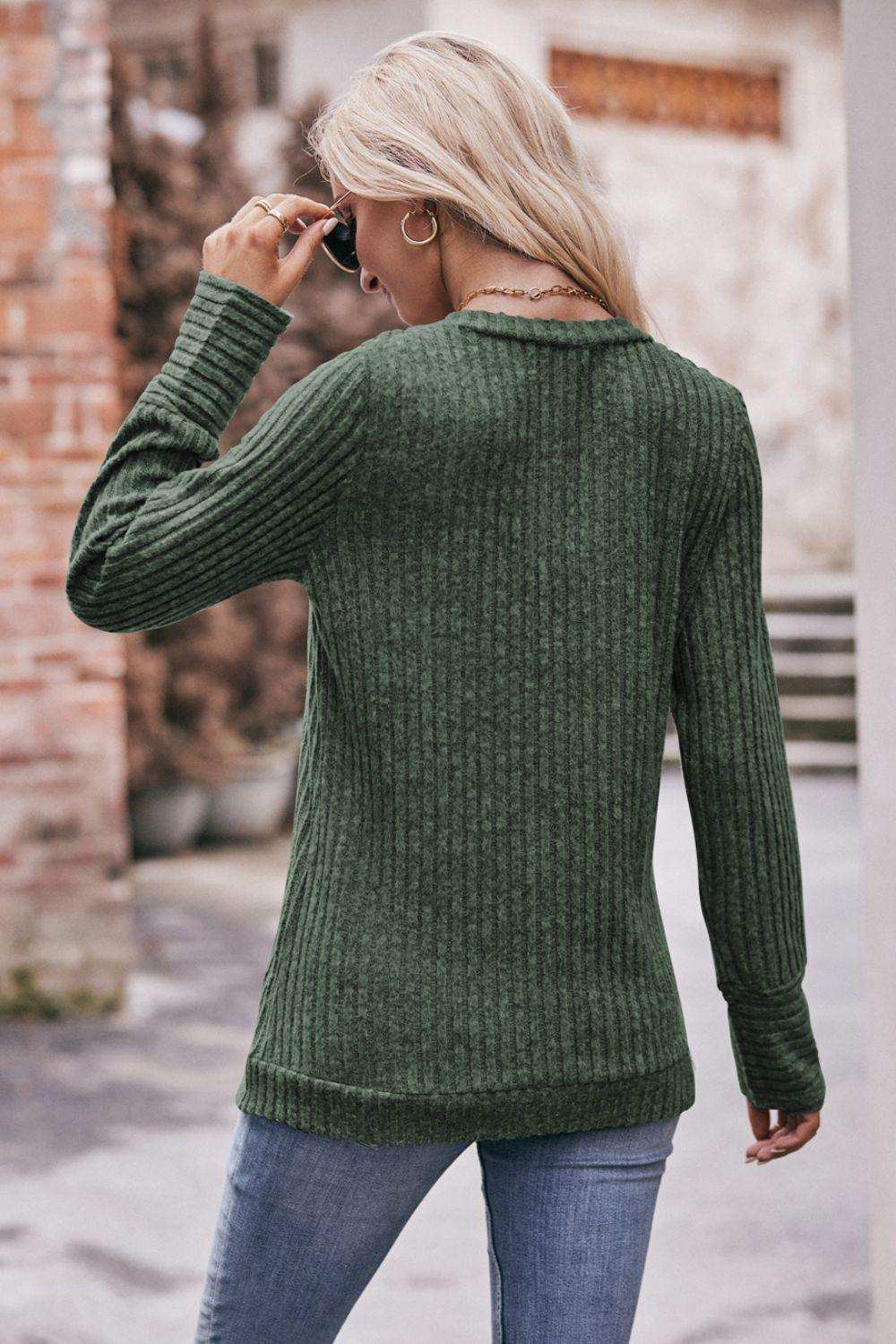 V-Neck Long Sleeve Ribbed Top - Trendsi - Flyclothing LLC