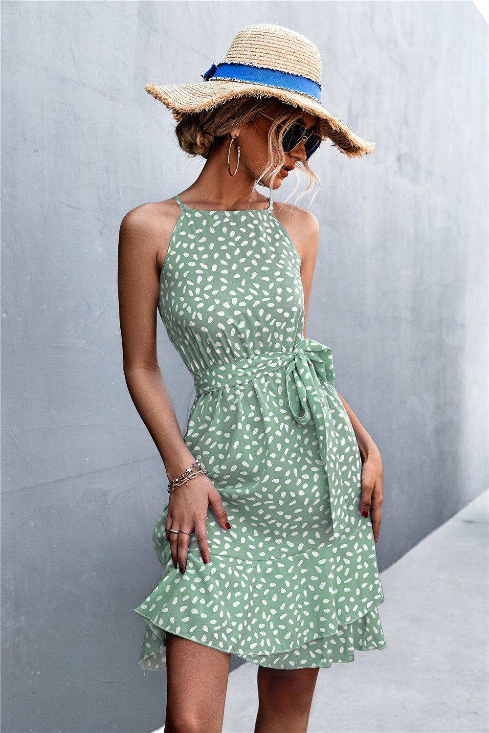Printed Tie Waist Ruffle Hem Sleeveless Dress - Trendsi - Flyclothing LLC