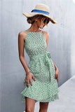 Printed Tie Waist Ruffle Hem Sleeveless Dress - Trendsi - Flyclothing LLC