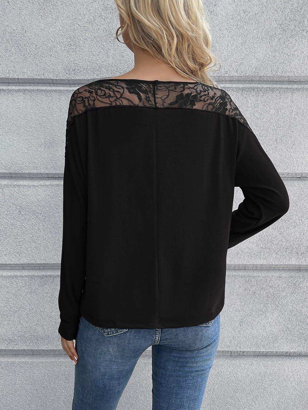 Lace Long Sleeve Round Neck Tee - Trendsi - Flyclothing LLC