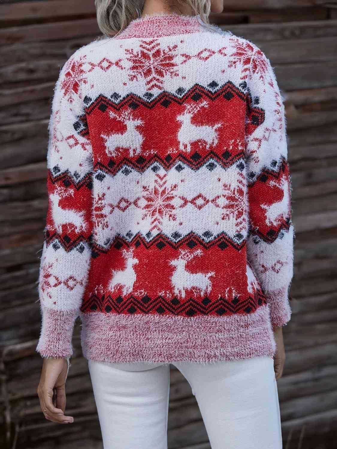 Reindeer & Snowflake Round Neck Sweater - Trendsi