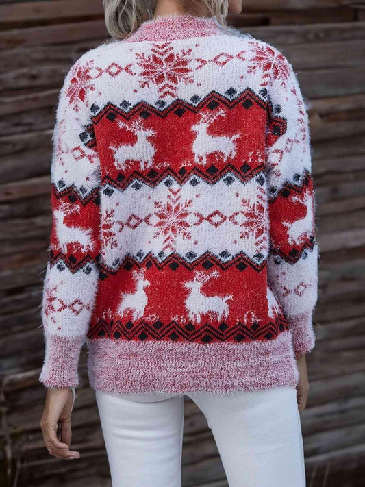 Reindeer & Snowflake Round Neck Sweater - Trendsi