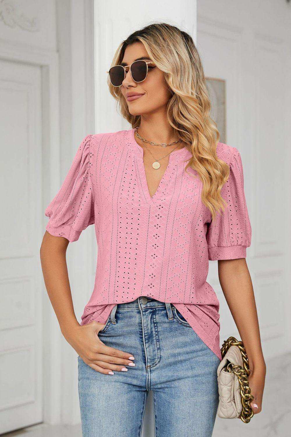 Eyelet Short Puff Sleeve Notched Neck Top - Trendsi - Flyclothing LLC