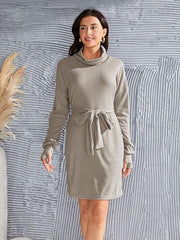 Tie-Waist Turtleneck Long Sleeve Dress - Flyclothing LLC