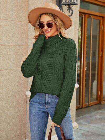 Cable-Knit Mock Neck Sweater - Trendsi - Flyclothing LLC