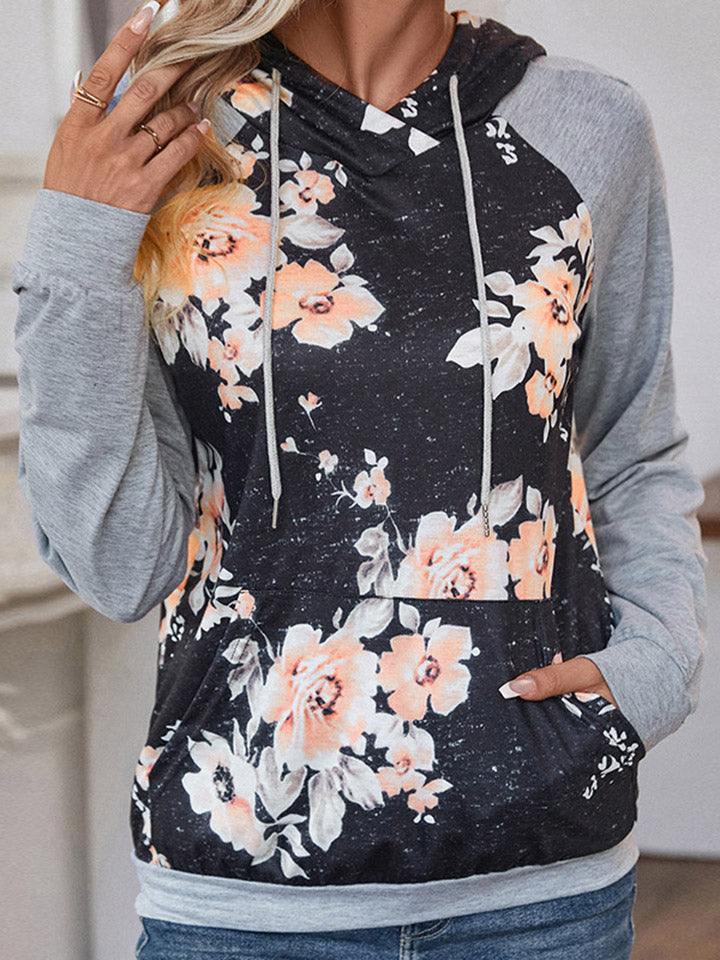 Trendsi Printed Raglan Sleeve Hoodie Black XL