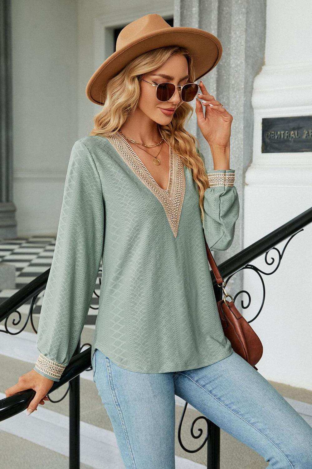 V-Neck Long Sleeve Blouse - Trendsi - Flyclothing LLC