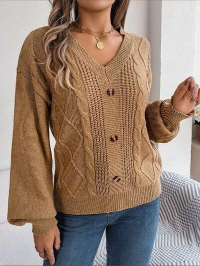 Cable-Knit Buttoned V-Neck Sweater - Trendsi