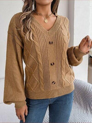 Cable-Knit Buttoned V-Neck Sweater - Trendsi