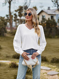 Swiss Dot V-Neck Long Sleeve Blouse - Trendsi