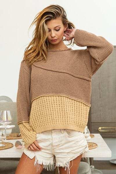 BiBi Texture Detail Contrast Drop Shoulder Sweater - Trendsi - Flyclothing LLC