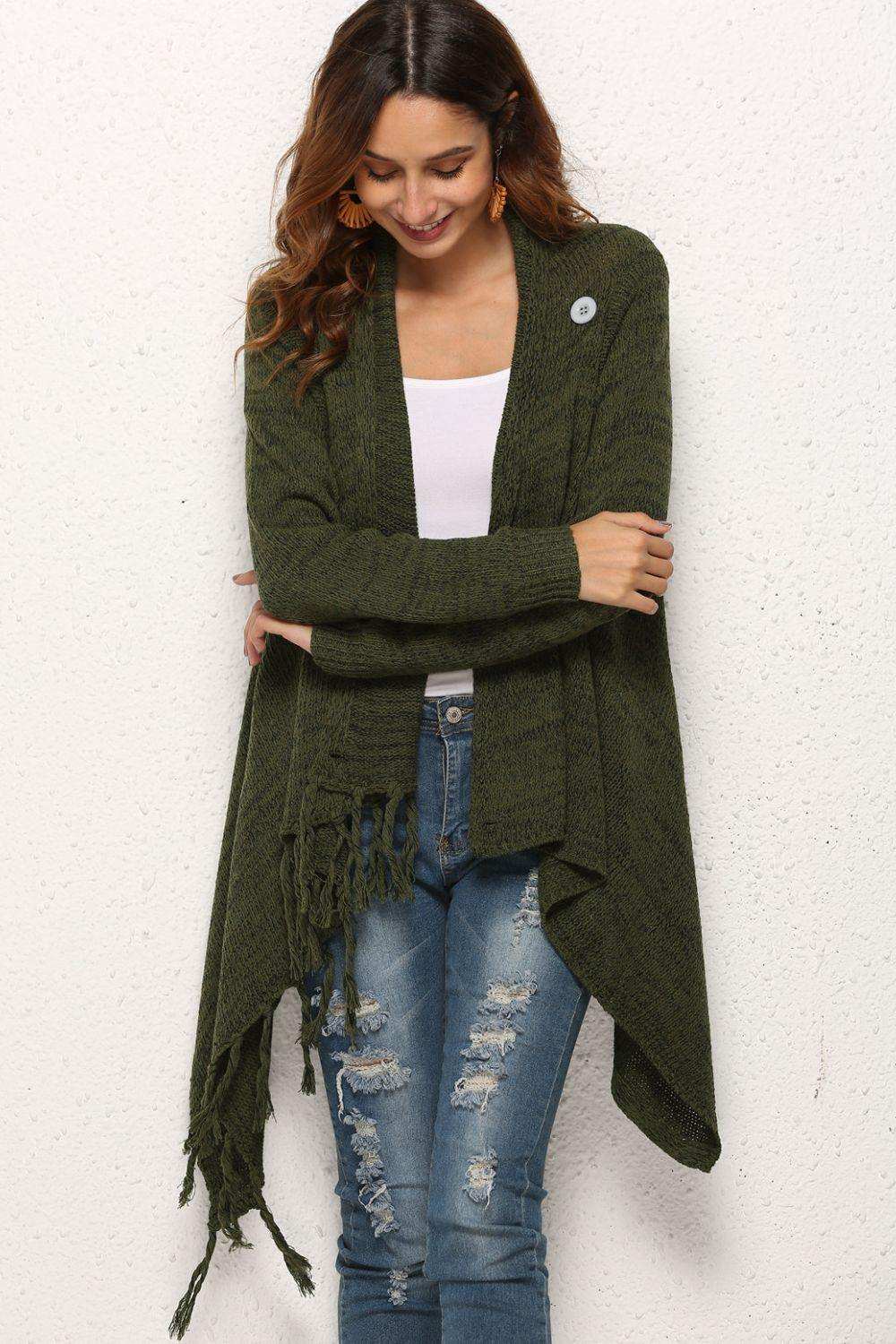 One-Button Tassel Tie Asymmetrical Hem Cardigan - Trendsi - Flyclothing LLC