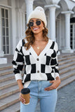 Button-Up Plaid V-Neck Dropped Shoulder Cardigan - Trendsi - Flyclothing LLC