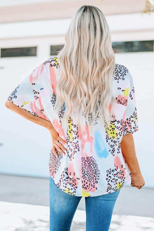 Mixed Print V-Neck Half Sleeve Top - Trendsi - Flyclothing LLC