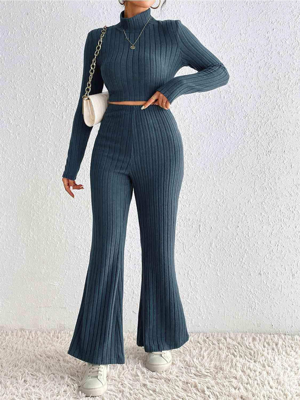 Ribbed Mock Neck Cropped Sweater & High Waist Pants Set - Trendsi - Flyclothing LLC