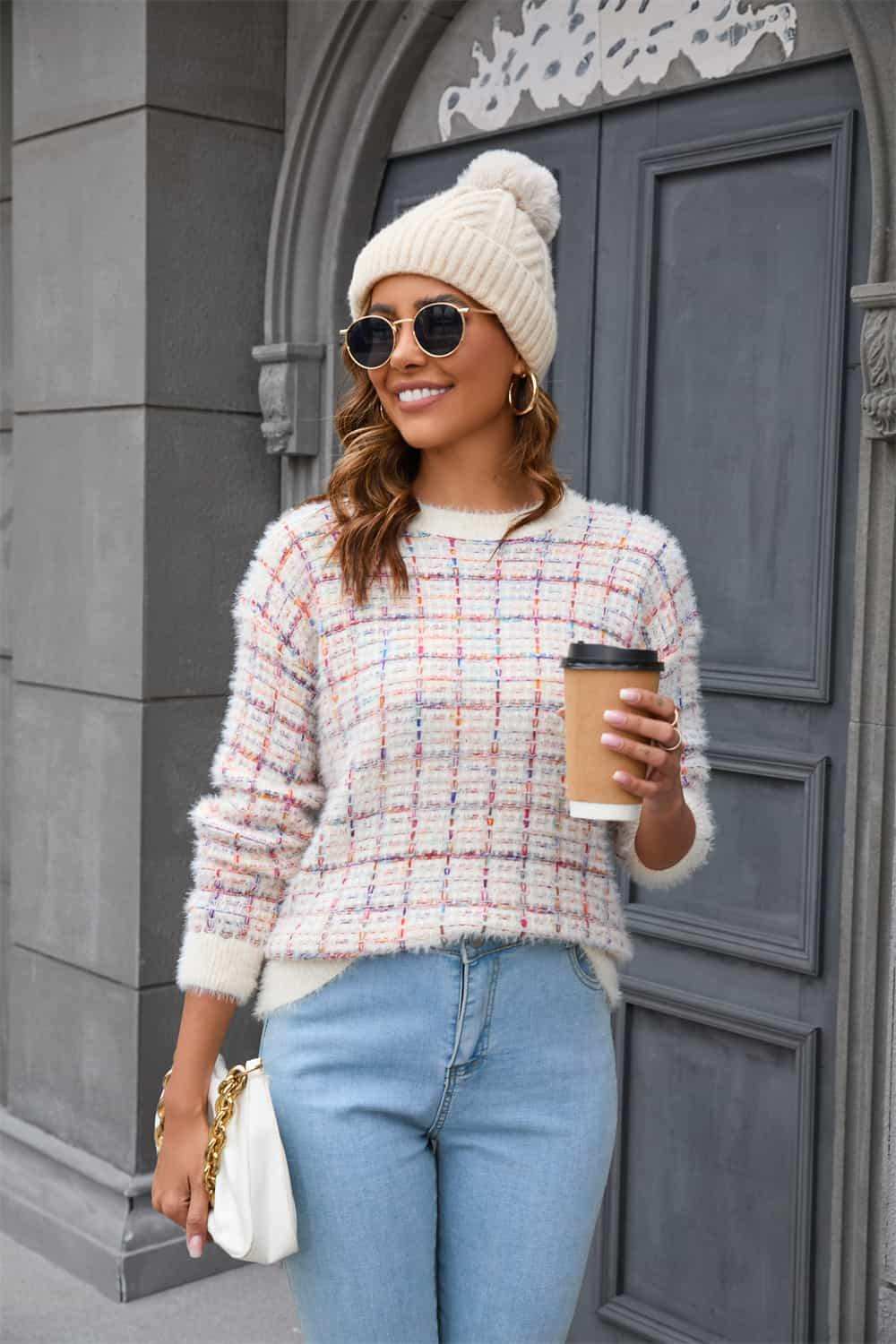 Plaid Round Neck Long Sleeve Pullover Sweater - Trendsi - Flyclothing LLC